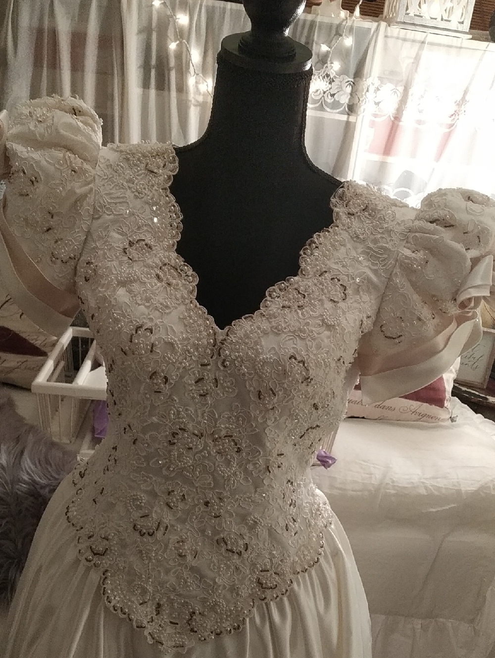 Vintage Regal Ivory And Rose Lace Beaded V-neck Bridal Ballgown